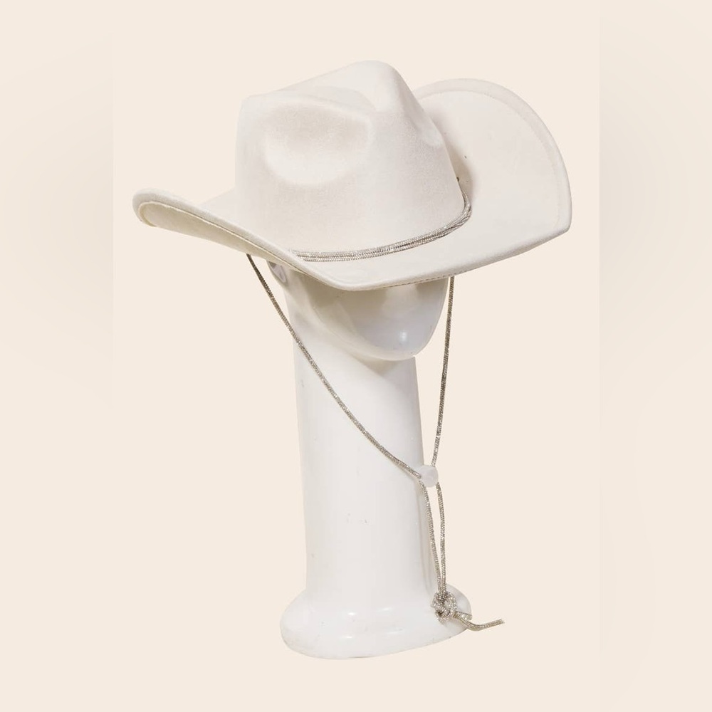 NWT White Rhinestone Strap Womens 7 Cowboy Hat Flat Brim Polyester Felt